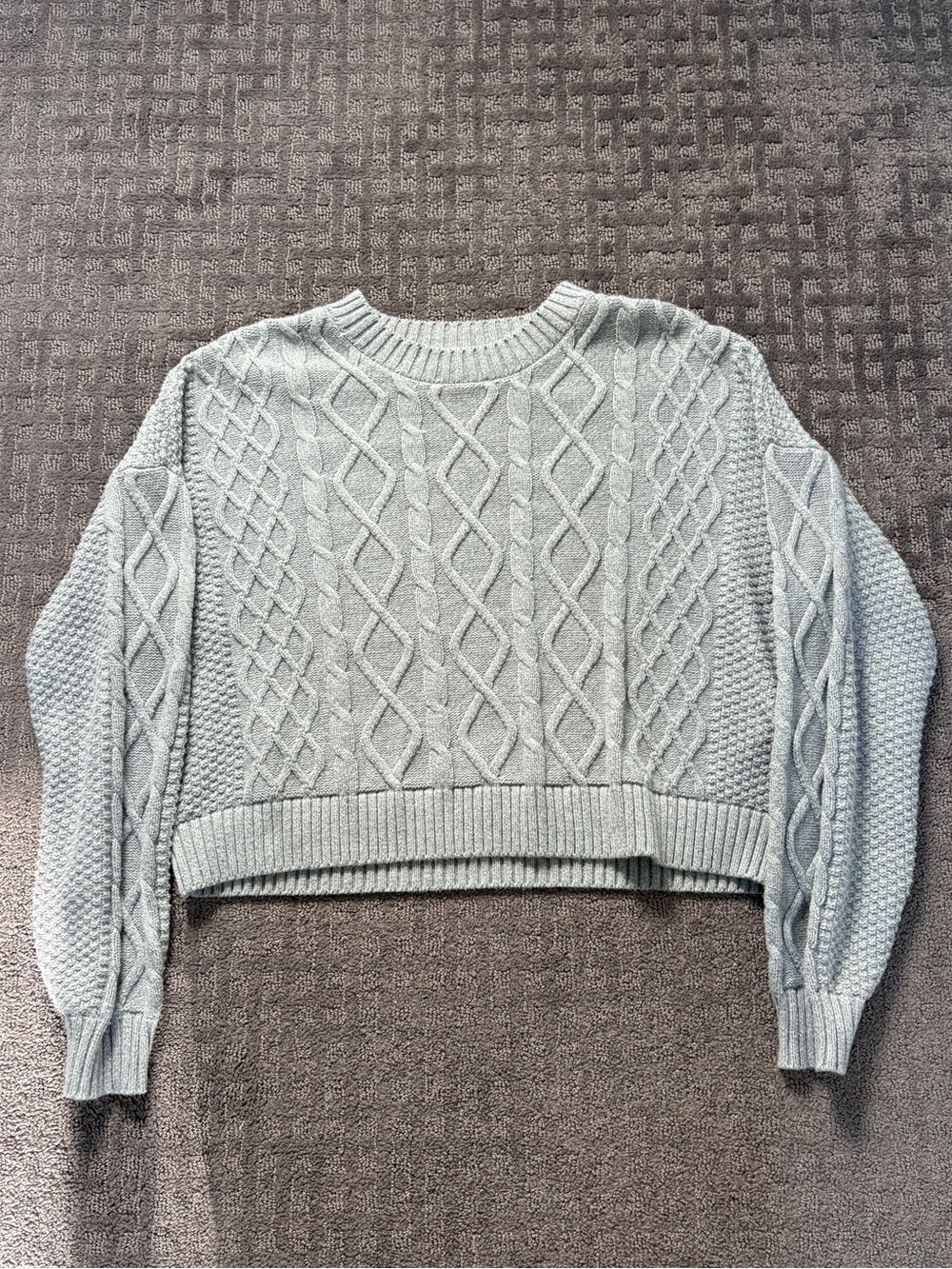 Hollister Light Gray Cable Knit Cropped Crew Sweater